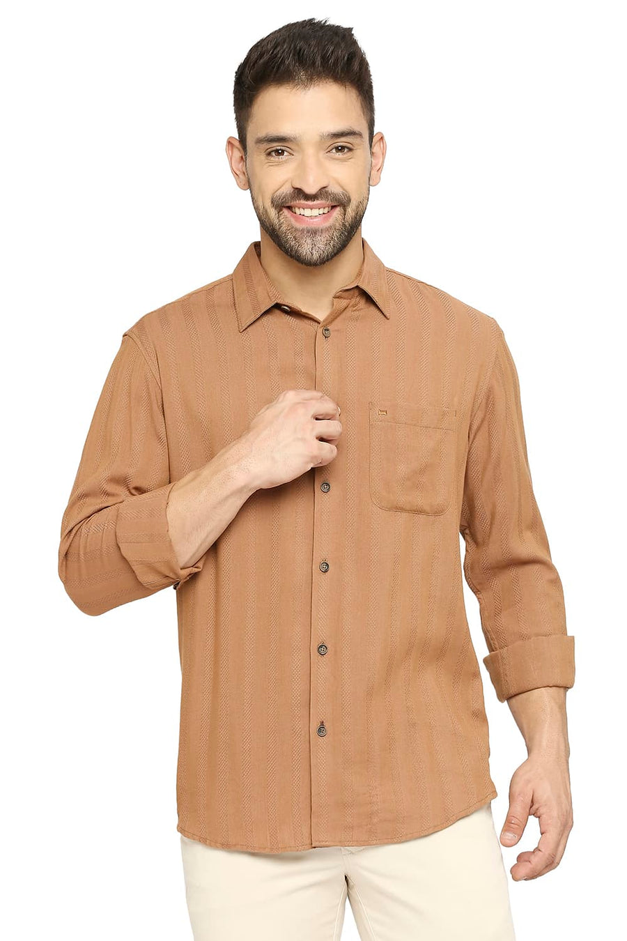 BASICS SLIM FIT ALMOND BROWN COTTON VISCOSE DOBBY STRIPE SHIRT