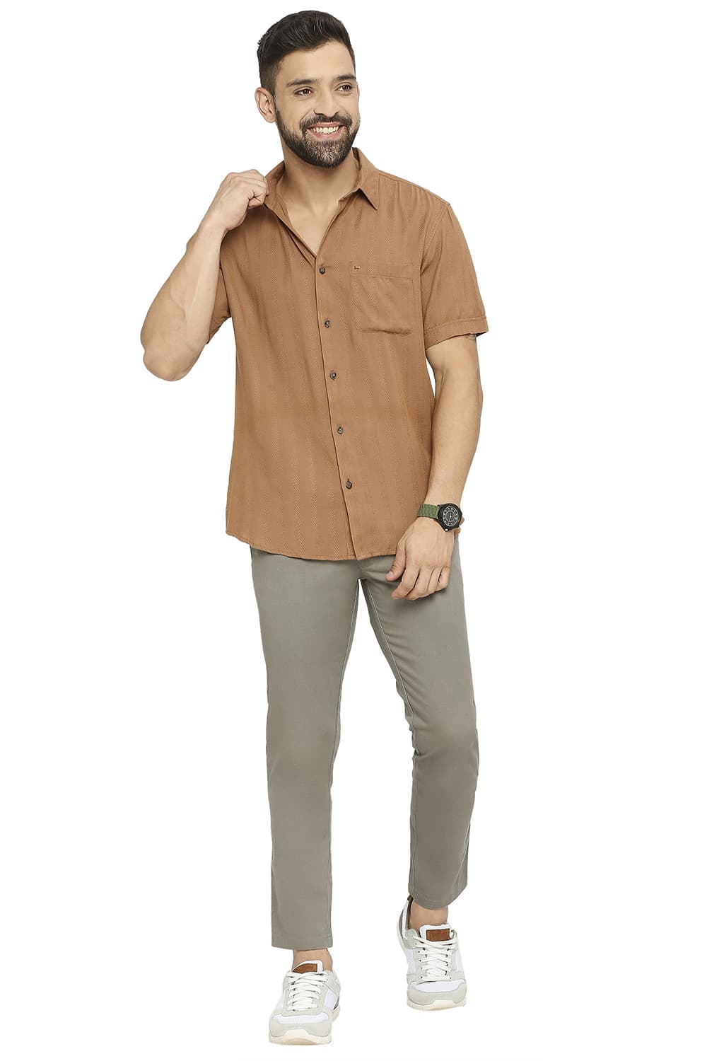 BASICS SLIM FIT COTTON VISCOSE DOBBY STRIPE HALFSLEEVES SHIRT