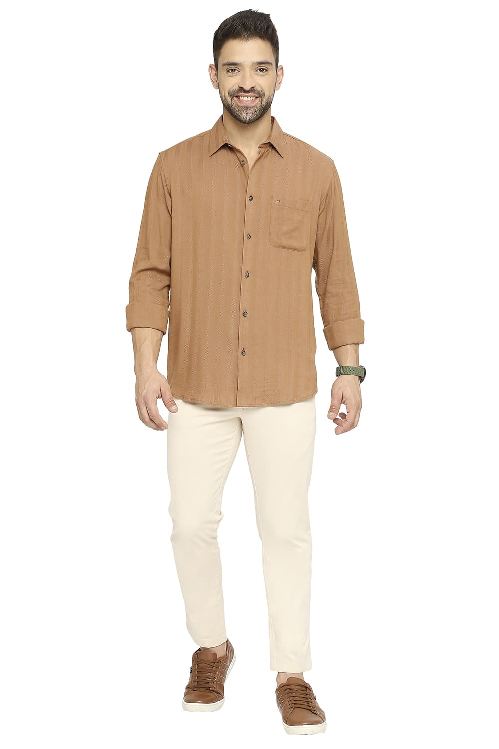 BASICS SLIM FIT COTTON VISCOSE DOBBY STRIPE SHIRT