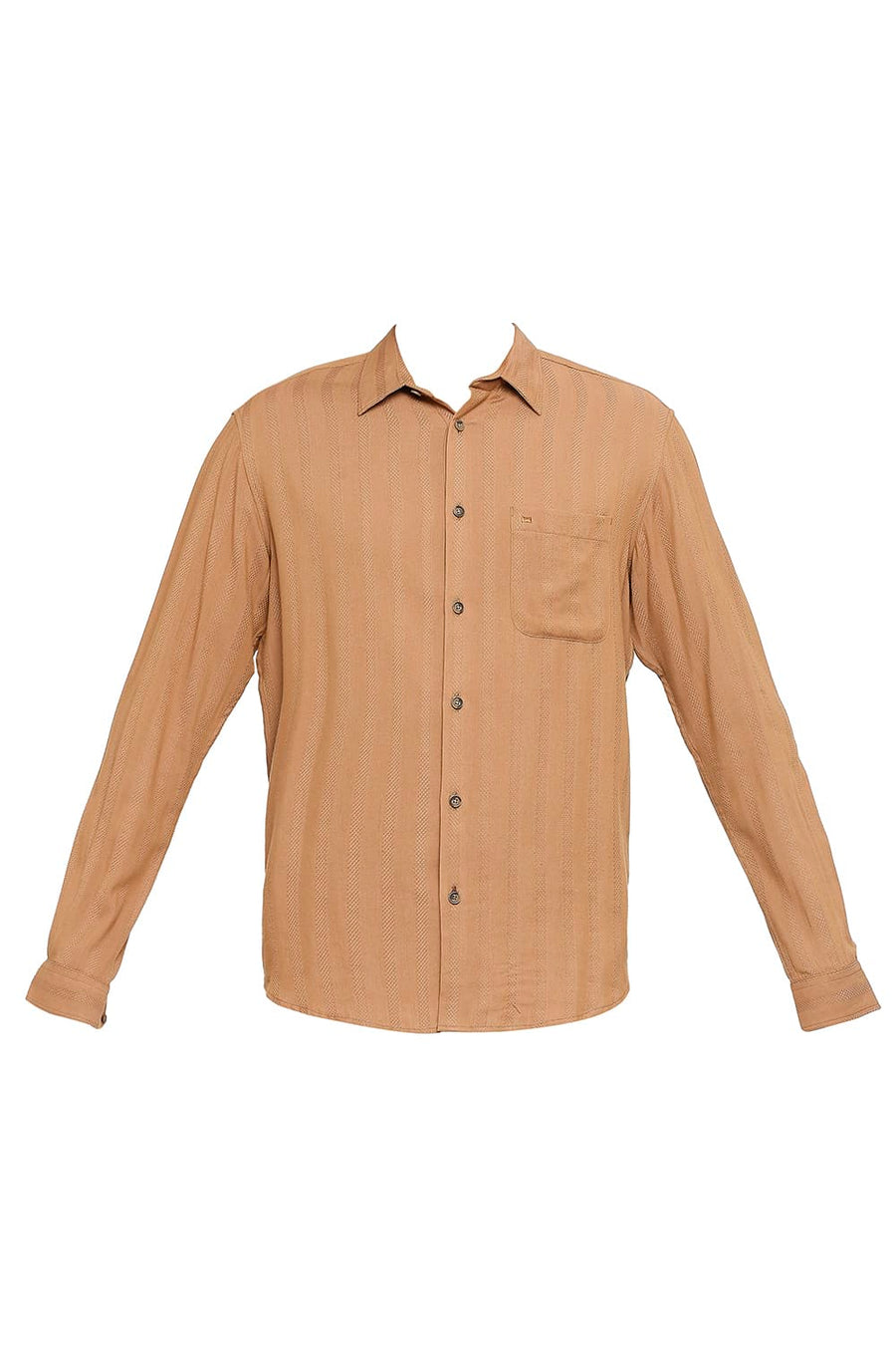 BASICS SLIM FIT ALMOND BROWN COTTON VISCOSE DOBBY STRIPE SHIRT