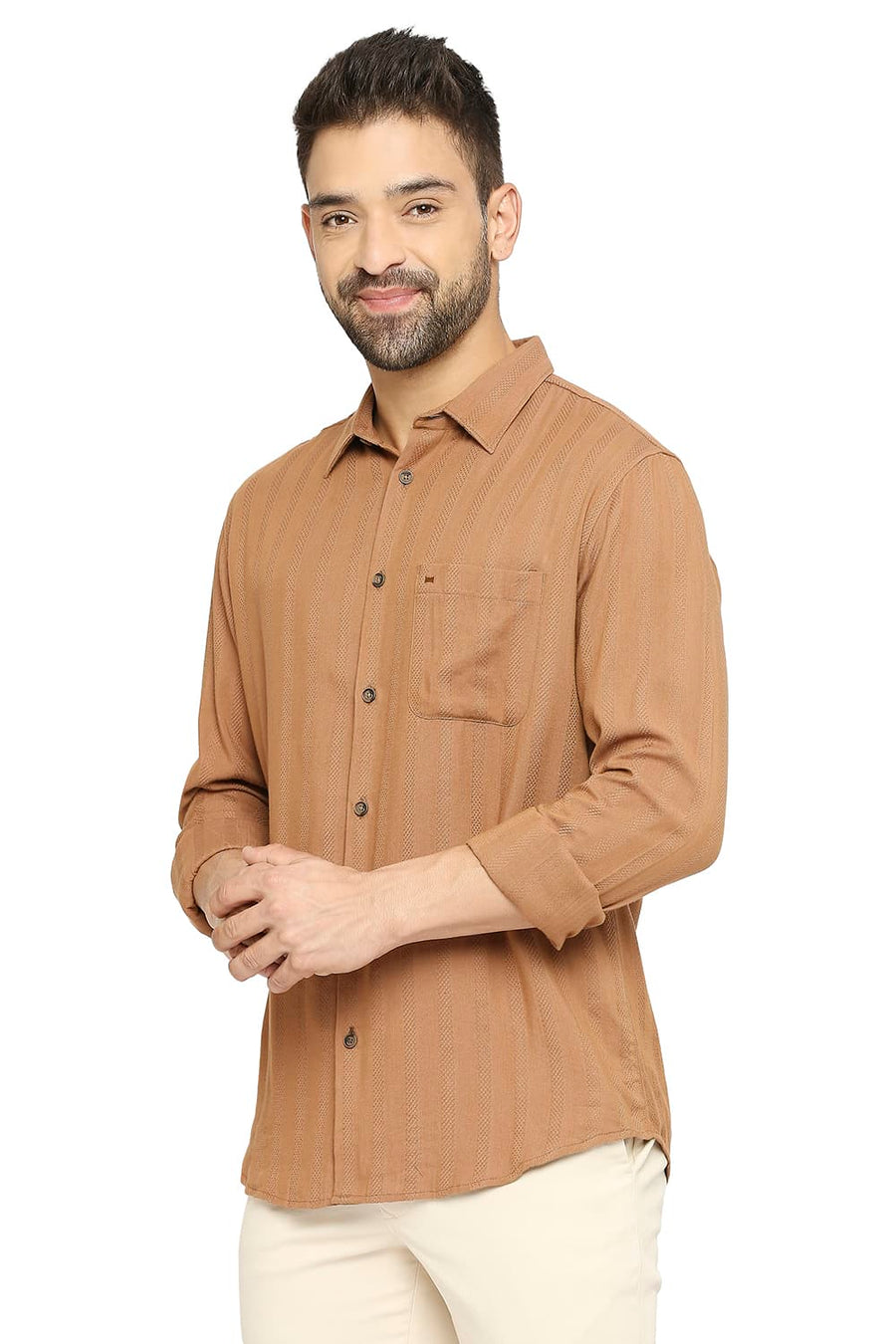 BASICS SLIM FIT ALMOND BROWN COTTON VISCOSE DOBBY STRIPE SHIRT