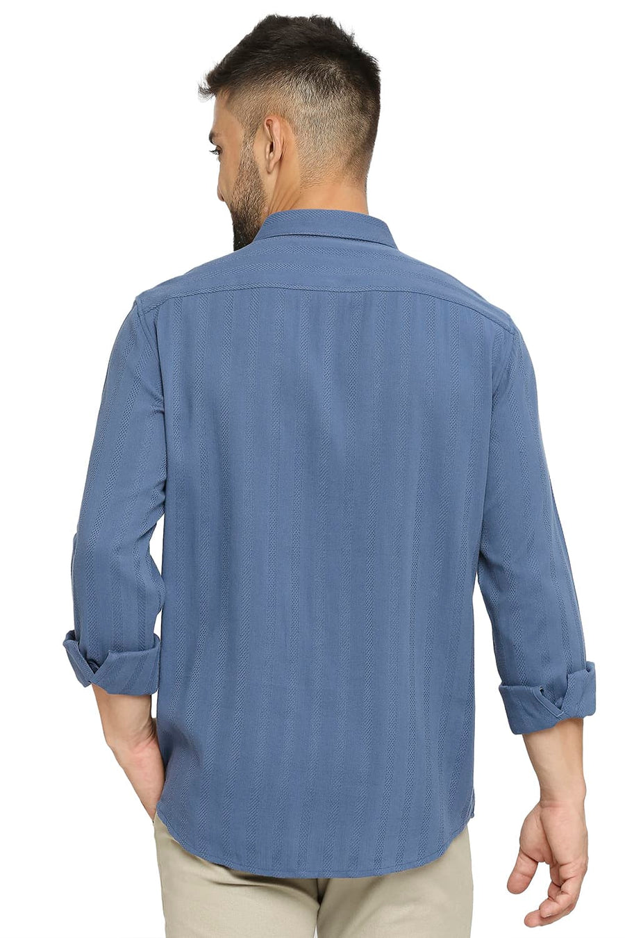 BASICS SLIM FIT ORION BLUE COTTON VISCOSE DOBBY STRIPE SHIRT