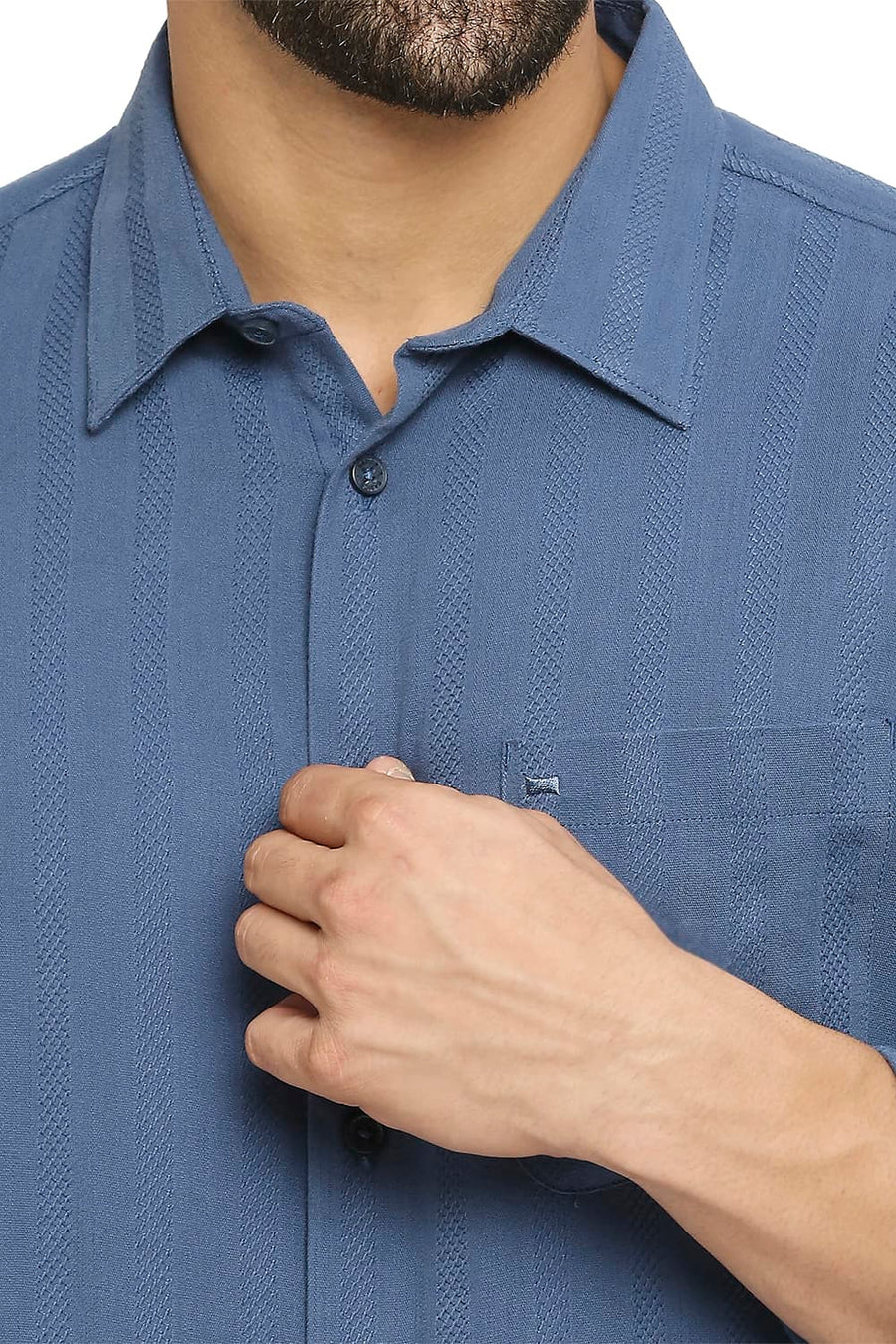 BASICS SLIM FIT ORION BLUE COTTON VISCOSE DOBBY STRIPE SHIRT