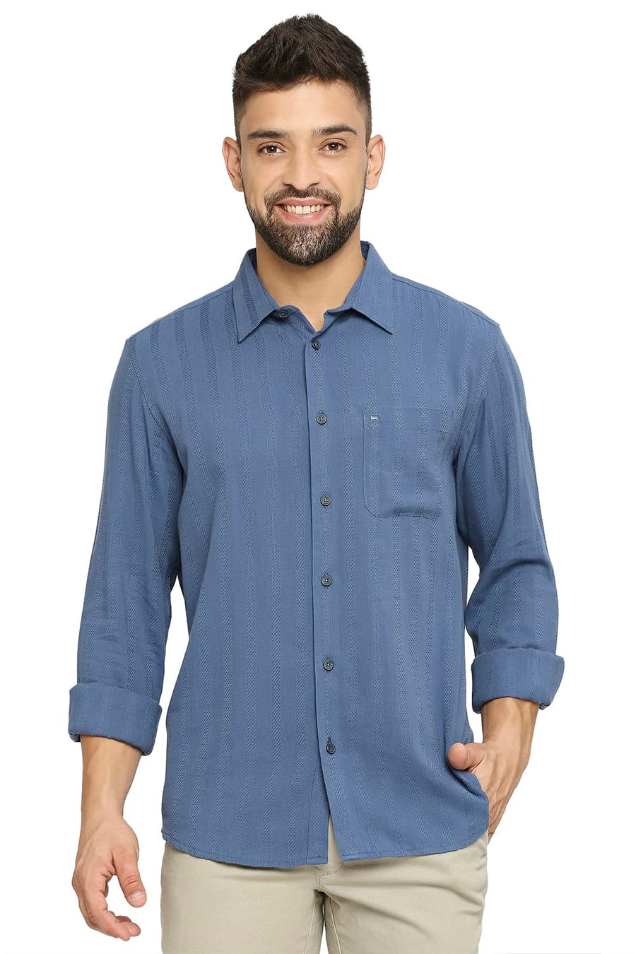 BASICS SLIM FIT ORION BLUE COTTON VISCOSE DOBBY STRIPE SHIRT