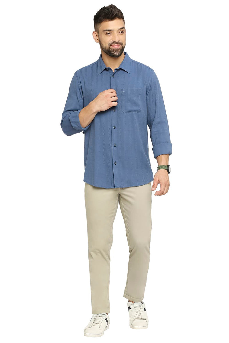 BASICS SLIM FIT COTTON VISCOSE DOBBY STRIPE SHIRT