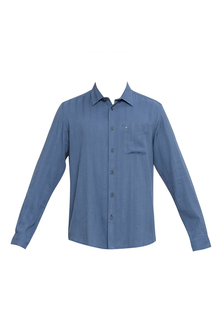 BASICS SLIM FIT ORION BLUE COTTON VISCOSE DOBBY STRIPE SHIRT