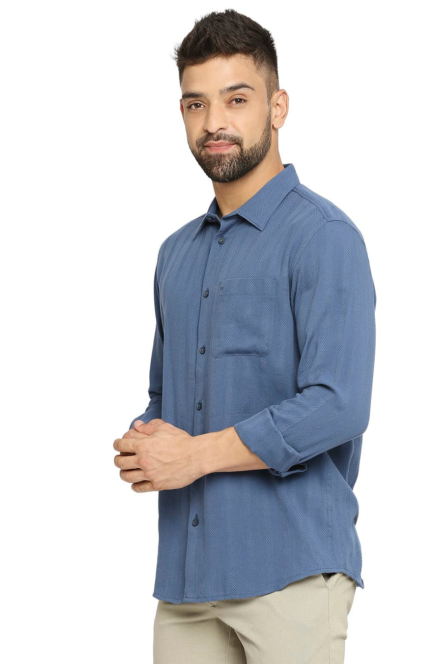 BASICS SLIM FIT ORION BLUE COTTON VISCOSE DOBBY STRIPE SHIRT
