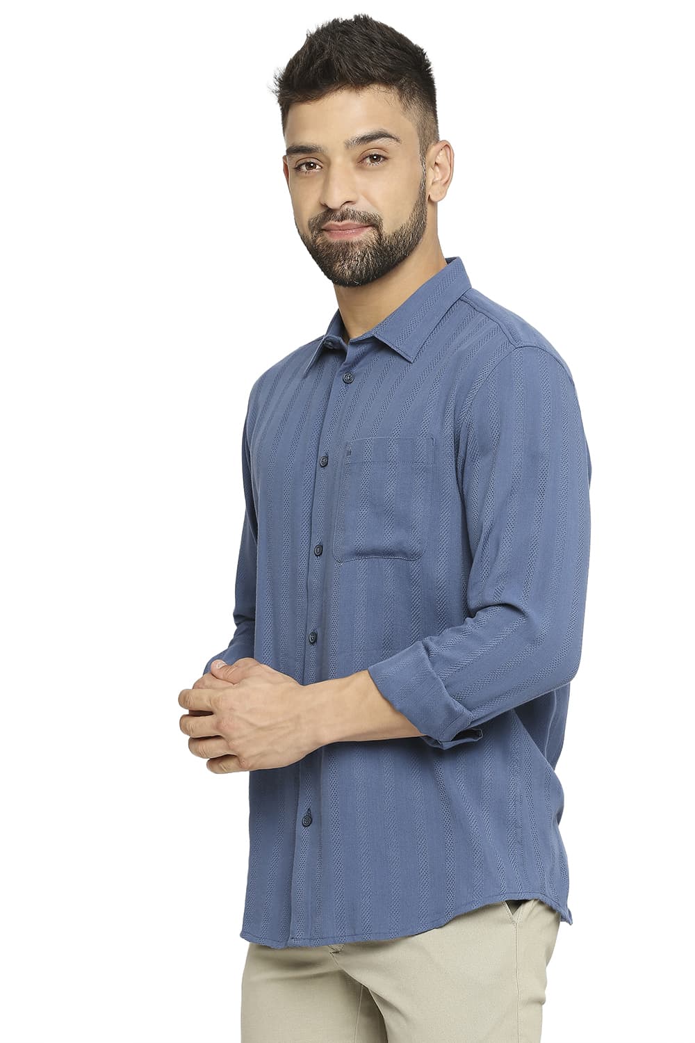 BASICS SLIM FIT COTTON VISCOSE DOBBY STRIPE SHIRT