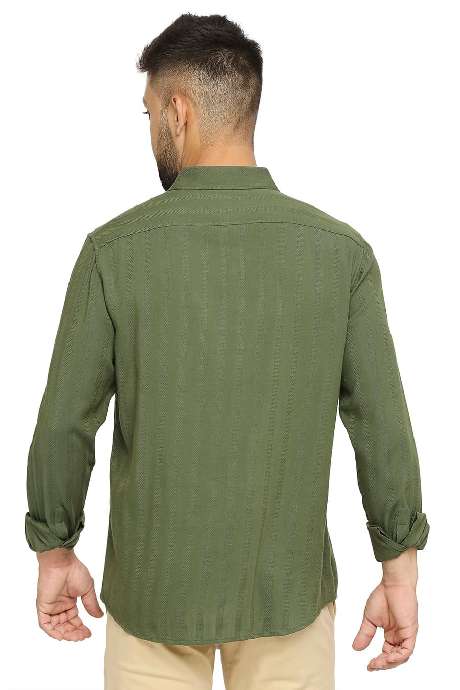 BASICS SLIM FIT IVY GREEN COTTON VISCOSE DOBBY STRIPE SHIRT