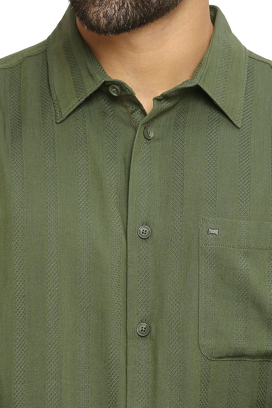 BASICS SLIM FIT IVY GREEN COTTON VISCOSE DOBBY STRIPE SHIRT