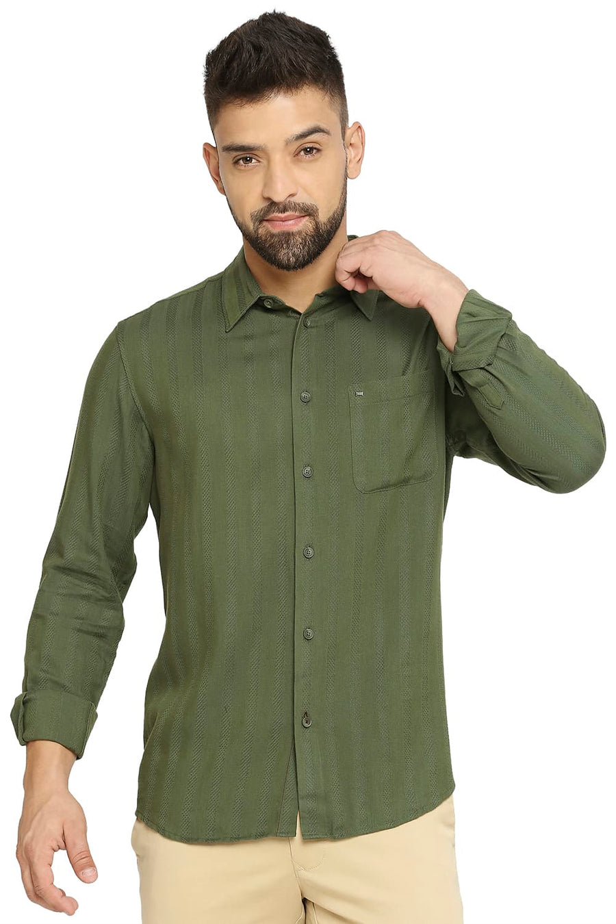 BASICS SLIM FIT IVY GREEN COTTON VISCOSE DOBBY STRIPE SHIRT