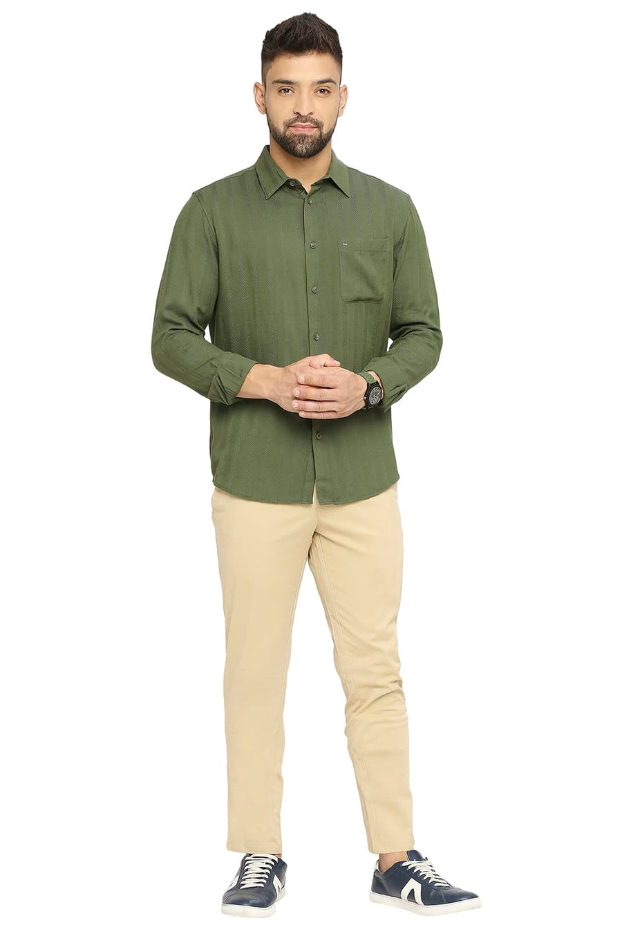 BASICS SLIM FIT IVY GREEN COTTON VISCOSE DOBBY STRIPE SHIRT