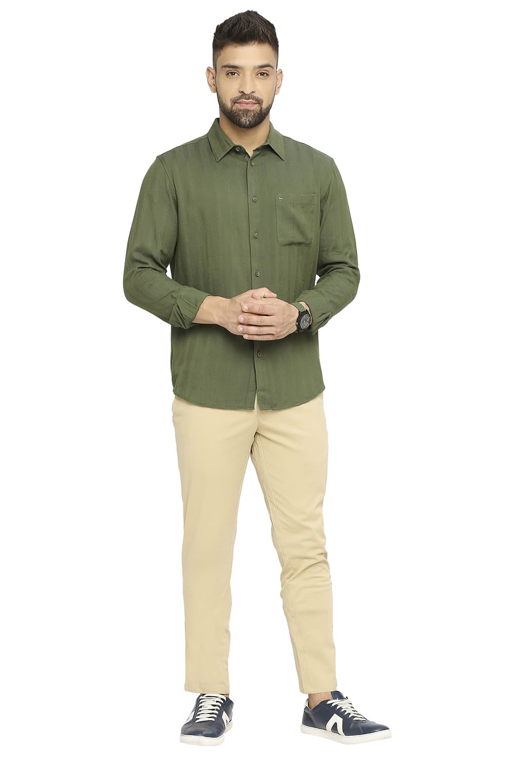 BASICS SLIM FIT COTTON VISCOSE DOBBY STRIPE SHIRT