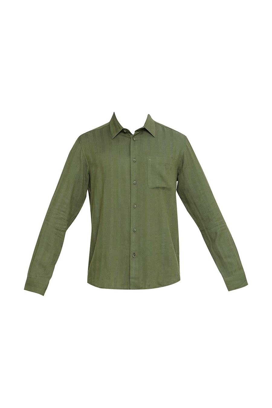 BASICS SLIM FIT IVY GREEN COTTON VISCOSE DOBBY STRIPE SHIRT