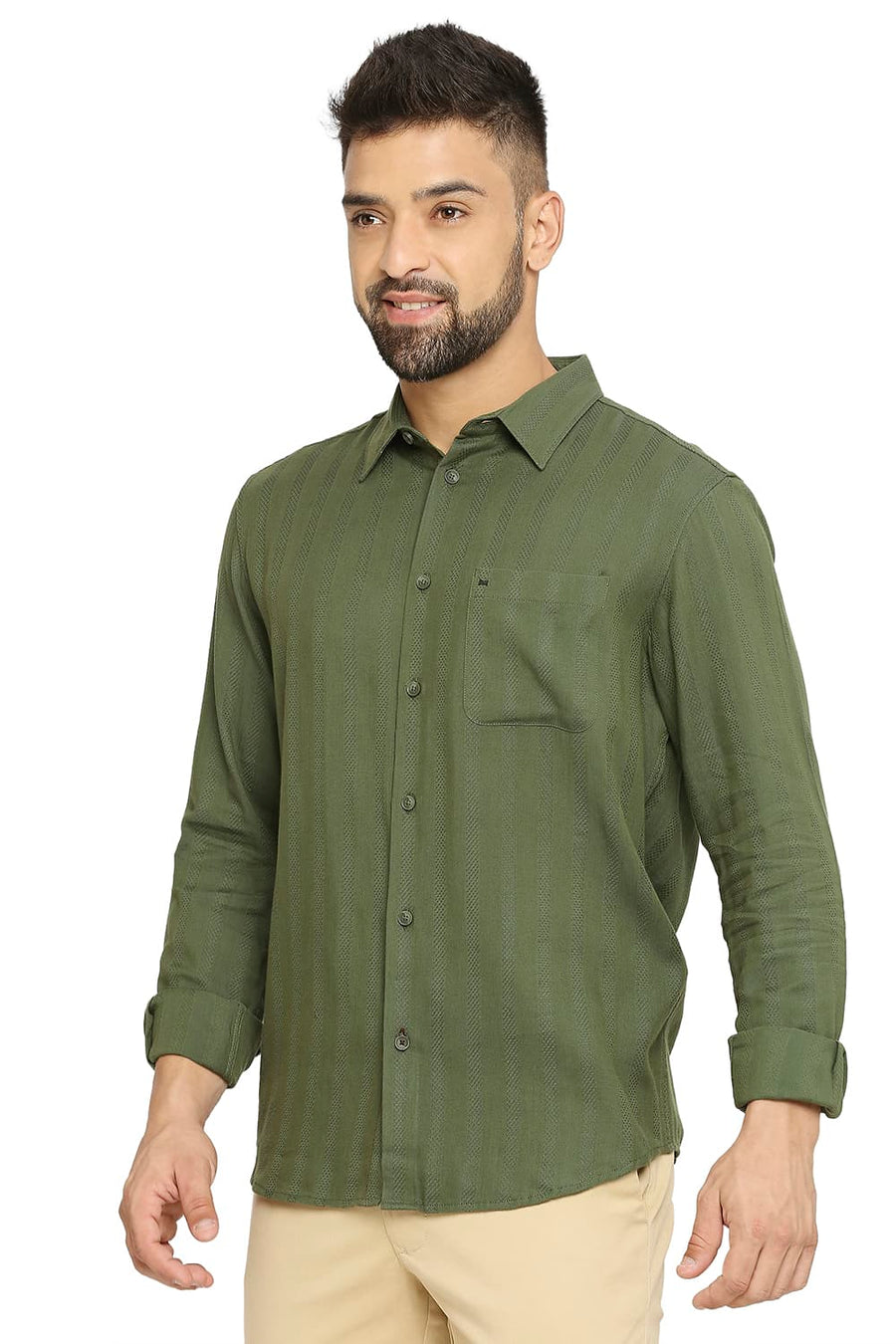 BASICS SLIM FIT IVY GREEN COTTON VISCOSE DOBBY STRIPE SHIRT