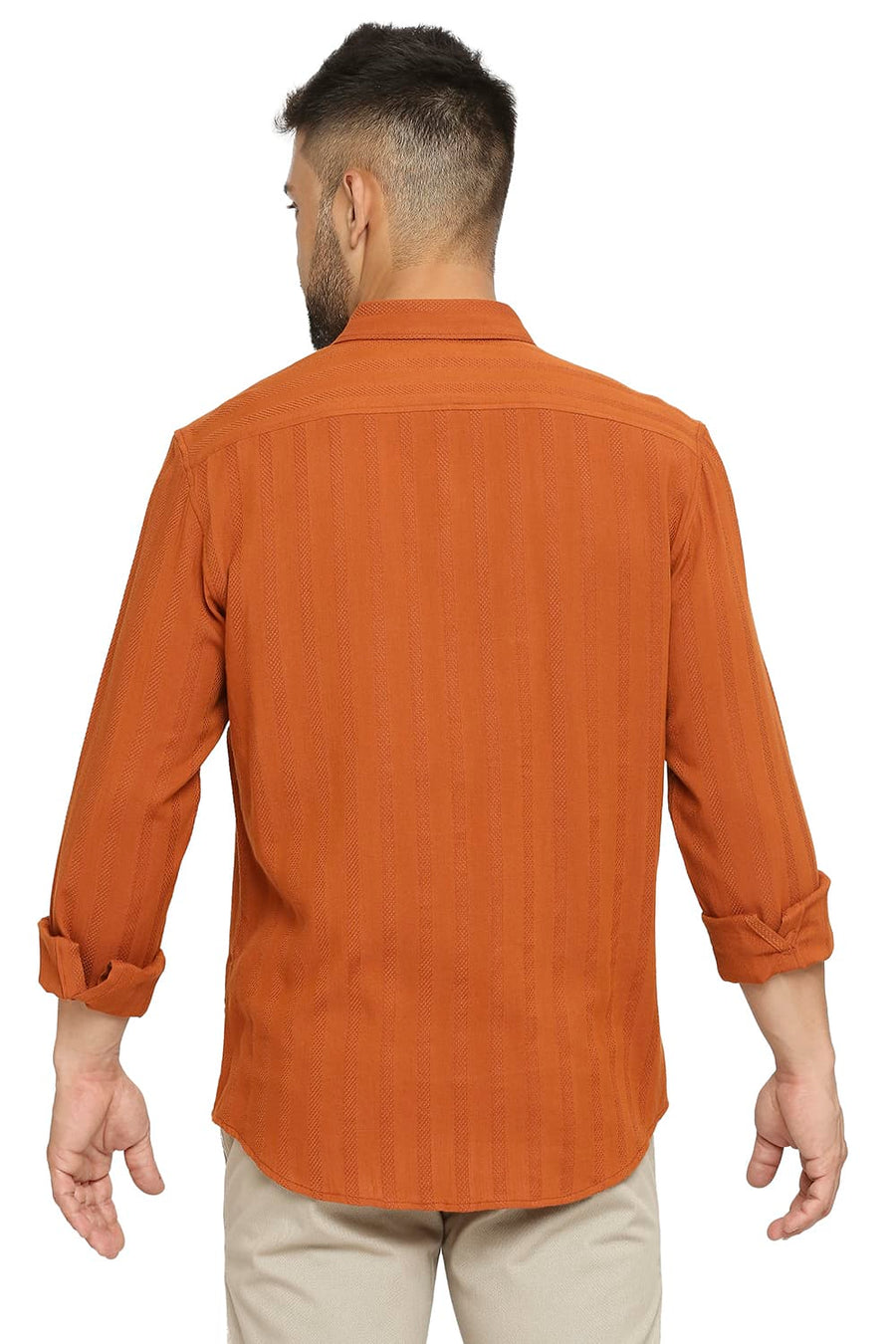 BASICS SLIM FIT BURNT ORANGE COTTON VISCOSE DOBBY STRIPE SHIRT