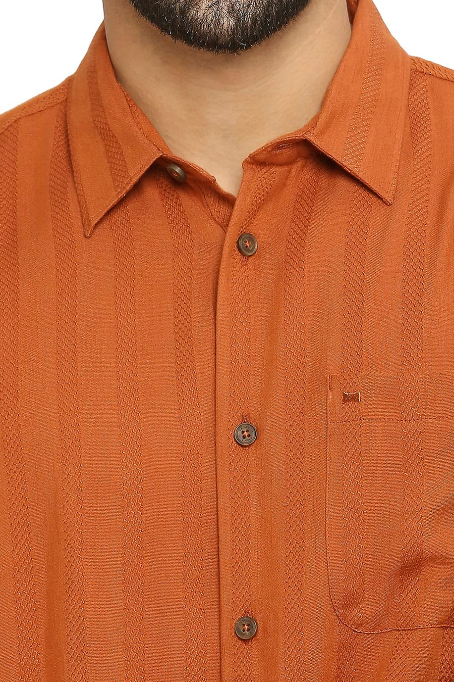 BASICS SLIM FIT BURNT ORANGE COTTON VISCOSE DOBBY STRIPE SHIRT