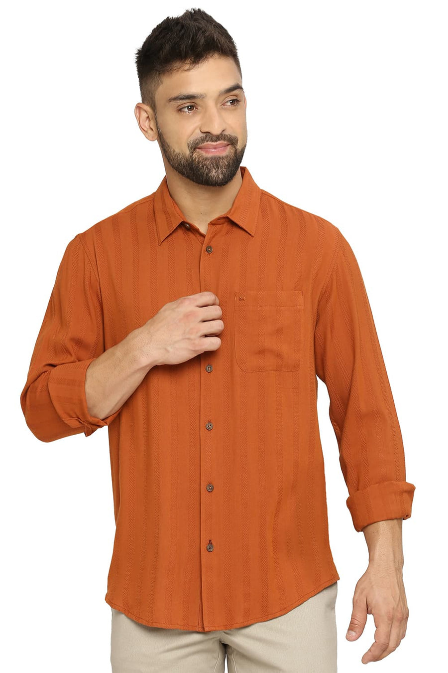 BASICS SLIM FIT BURNT ORANGE COTTON VISCOSE DOBBY STRIPE SHIRT