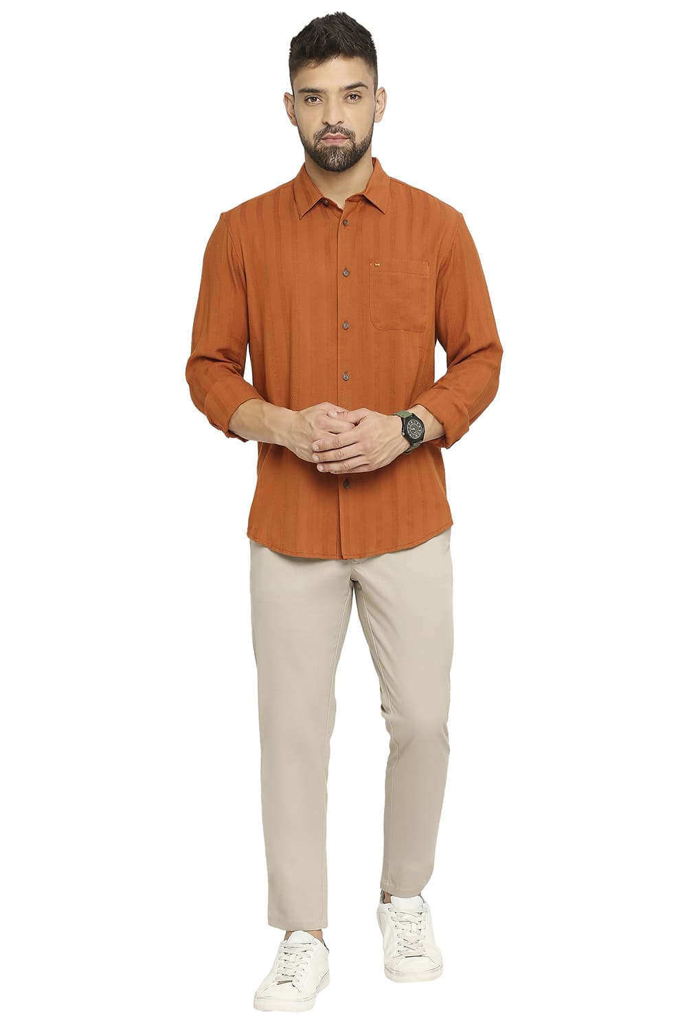 BASICS SLIM FIT COTTON VISCOSE DOBBY STRIPE SHIRT