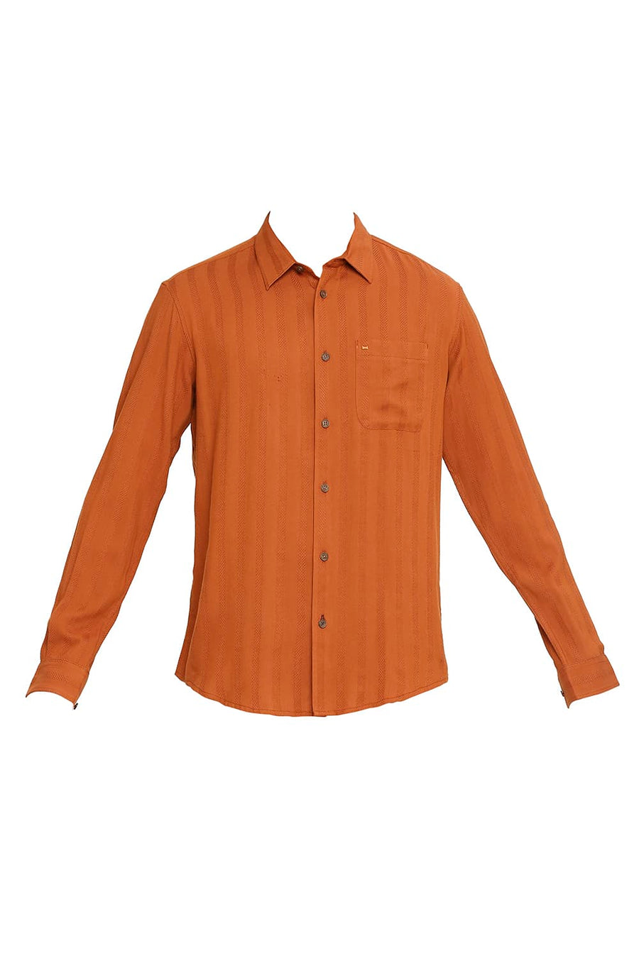 BASICS SLIM FIT BURNT ORANGE COTTON VISCOSE DOBBY STRIPE SHIRT