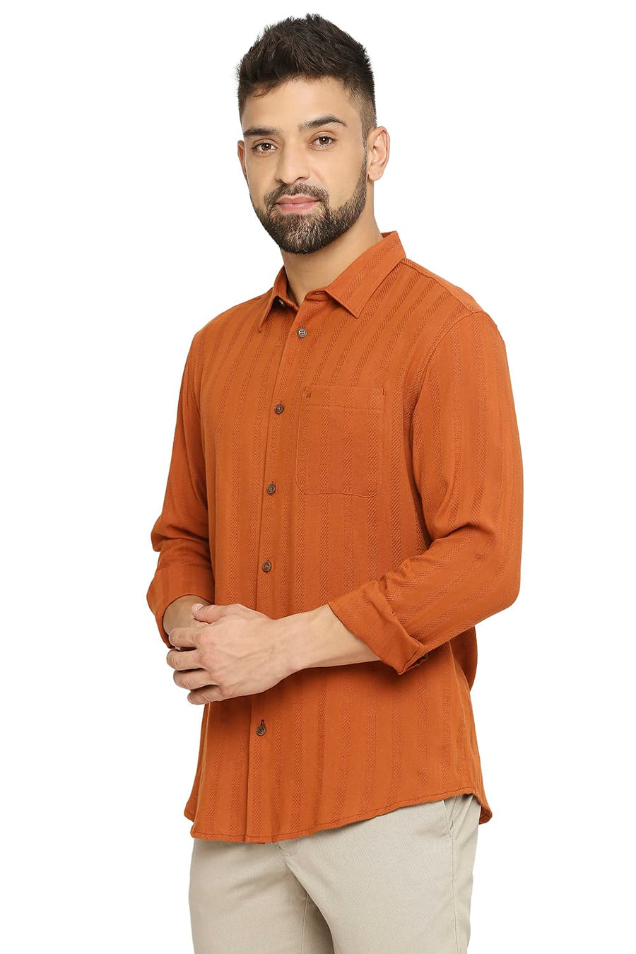 BASICS SLIM FIT BURNT ORANGE COTTON VISCOSE DOBBY STRIPE SHIRT