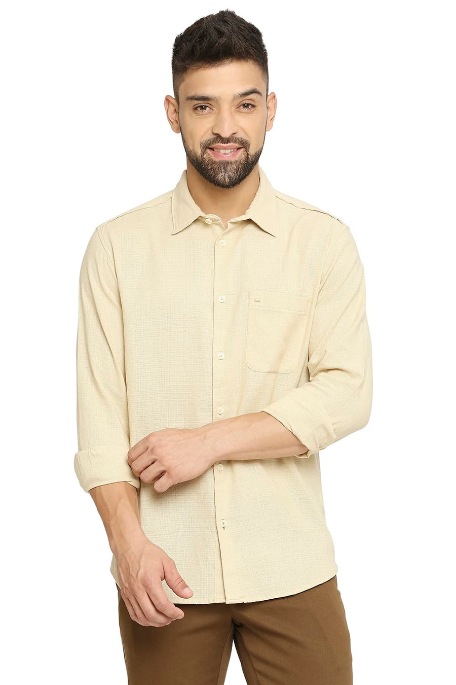 BASICS SLIM FIT MOJAVE BEIGE COTTON DOBBY SHIRT