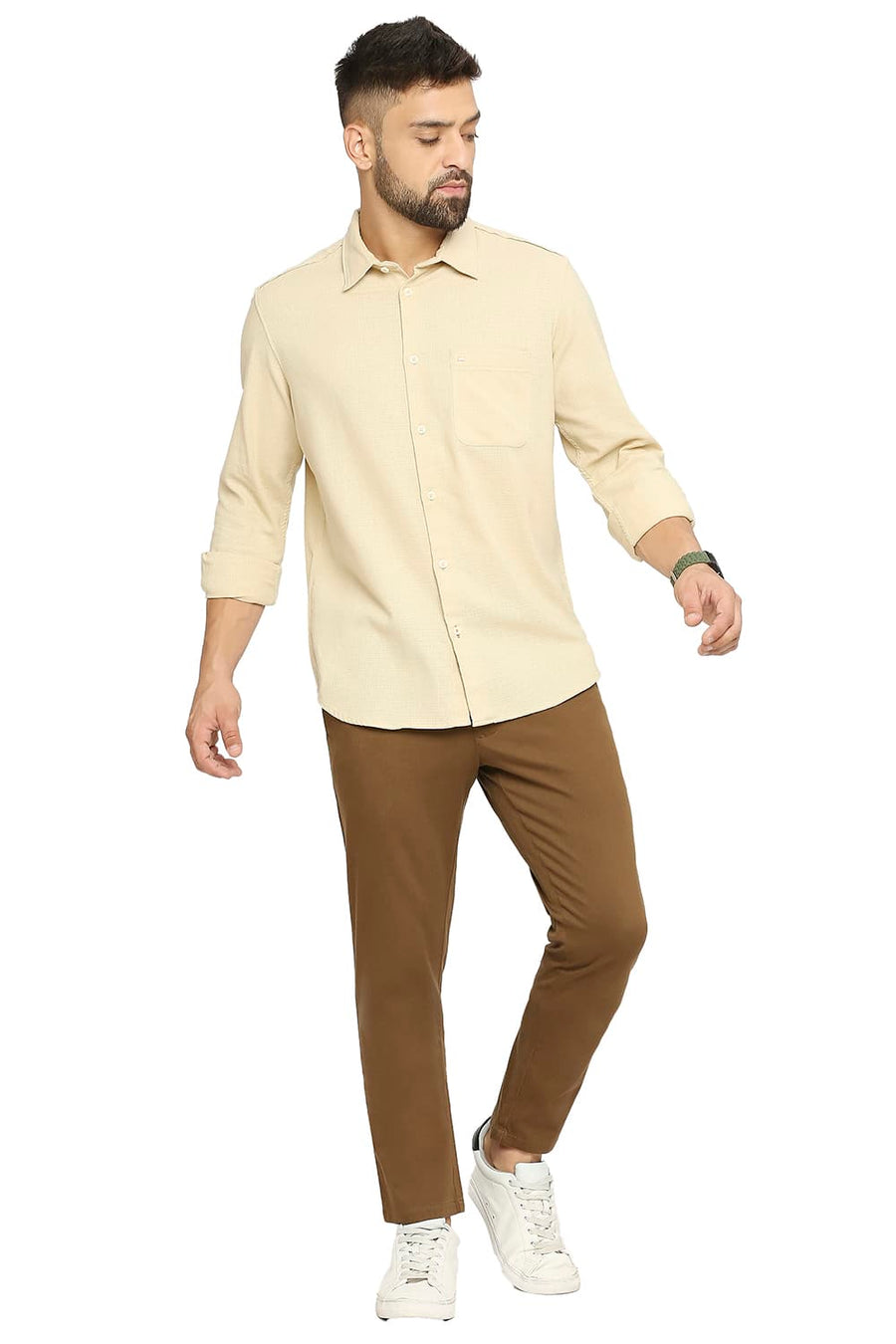 BASICS SLIM FIT MOJAVE BEIGE COTTON DOBBY SHIRT