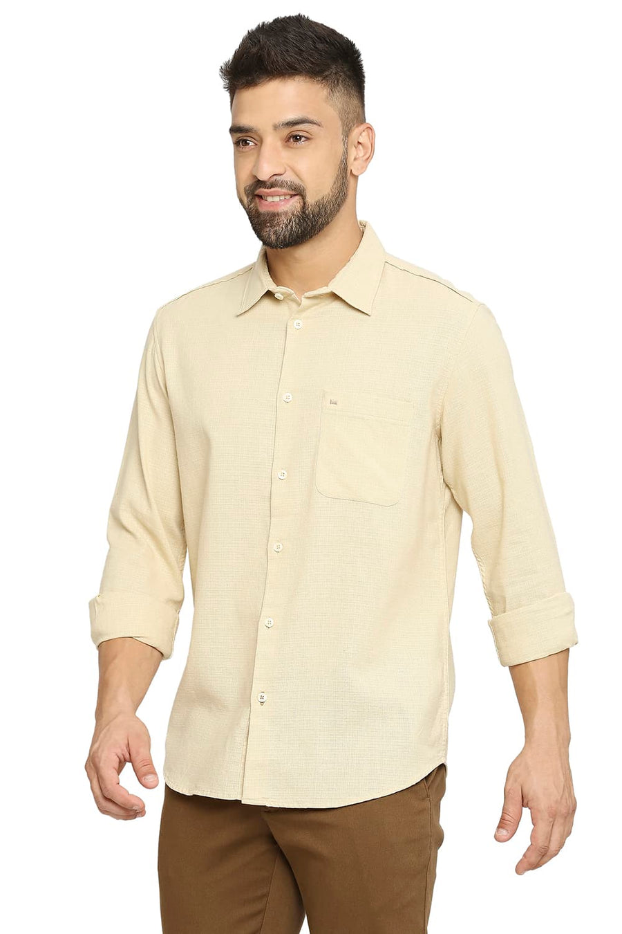 BASICS SLIM FIT MOJAVE BEIGE COTTON DOBBY SHIRT