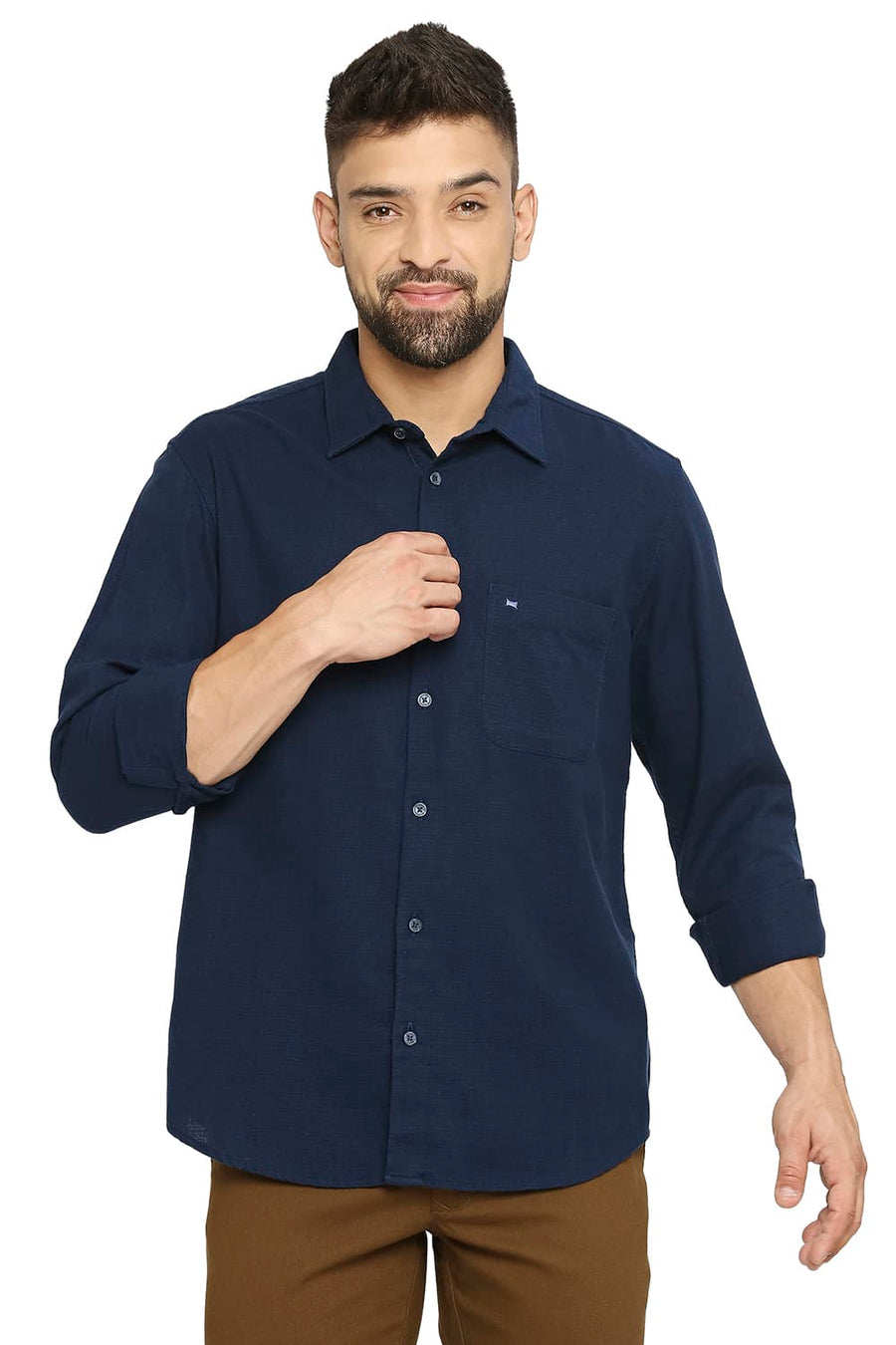 BASICS SLIM FIT NAVY PEONY COTTON DOBBY SHIRT