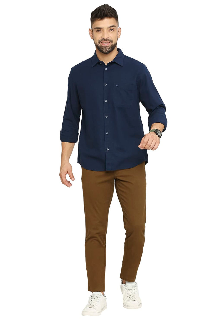 BASICS SLIM FIT NAVY PEONY COTTON DOBBY SHIRT