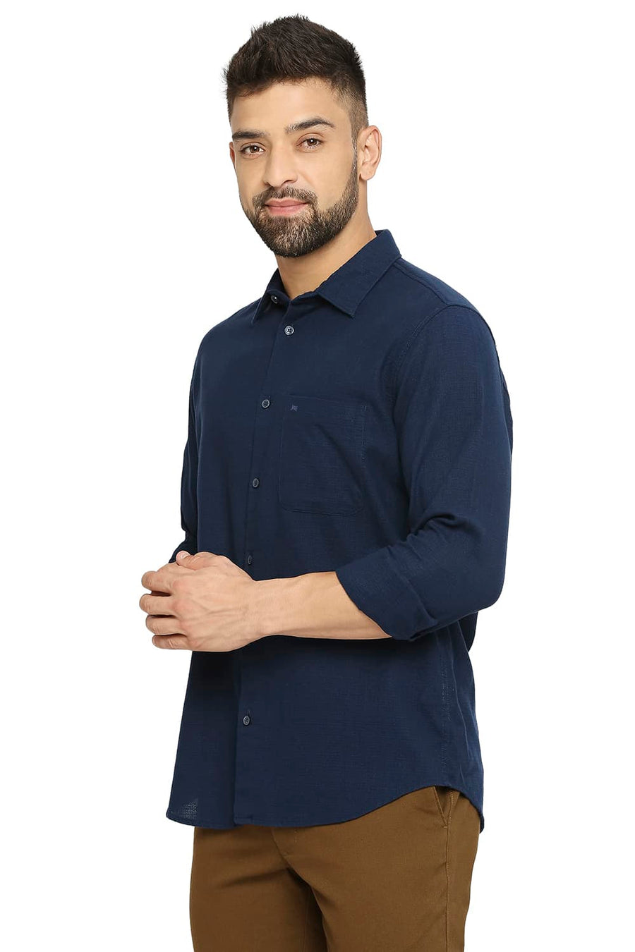 BASICS SLIM FIT NAVY PEONY COTTON DOBBY SHIRT