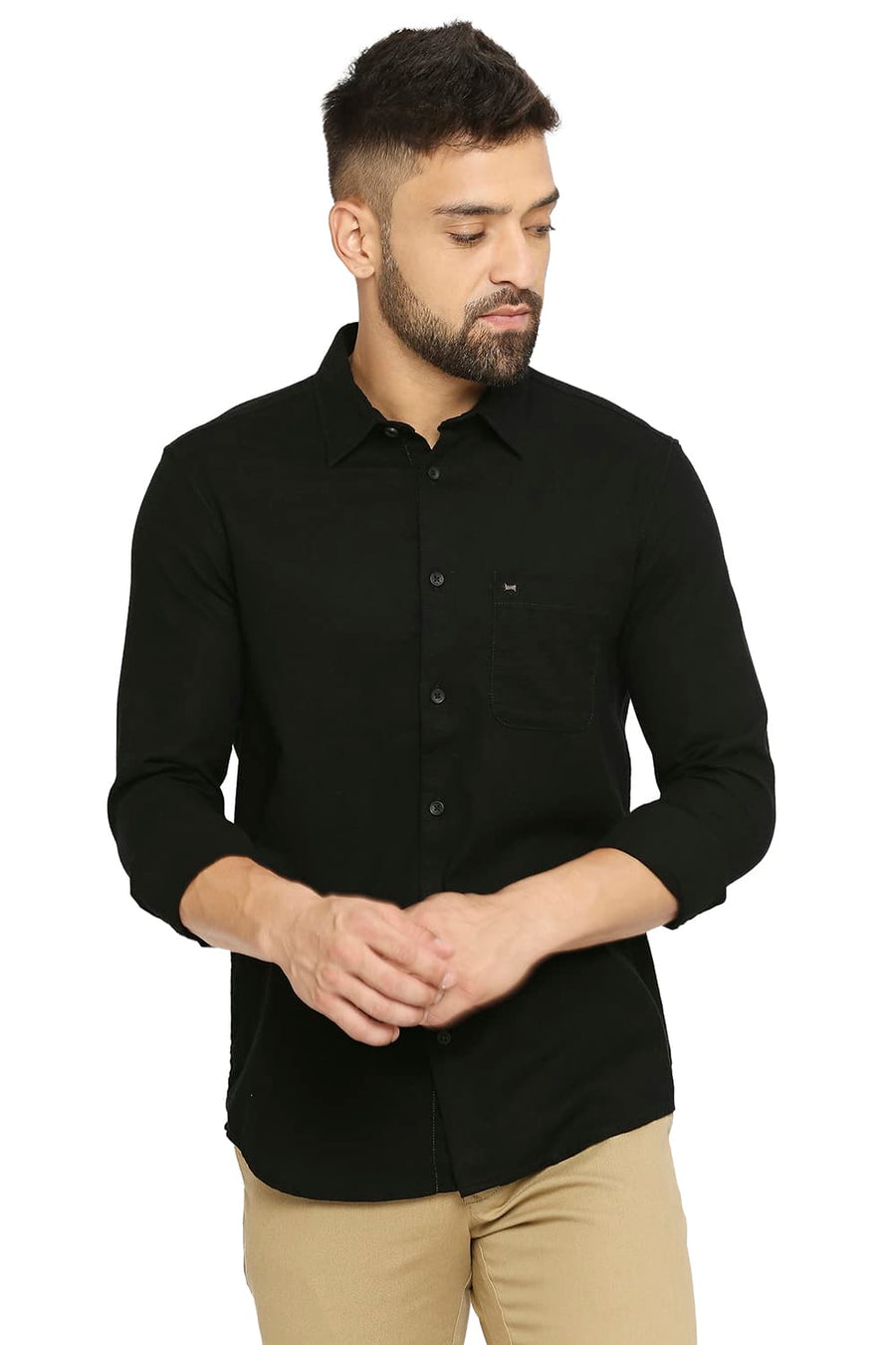 BASICS SLIM FIT JET BLACK COTTON DOBBY SHIRT