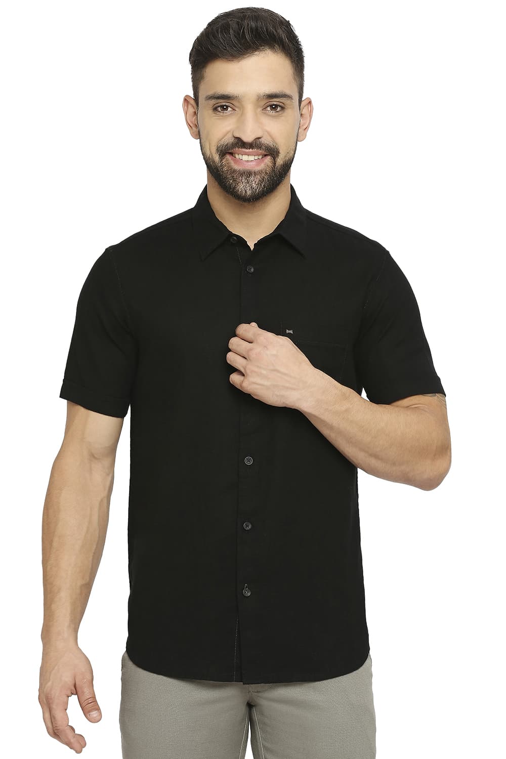 BASICS SLIM FIT COTTON DOBBY HALFSLEEVES SHIRT