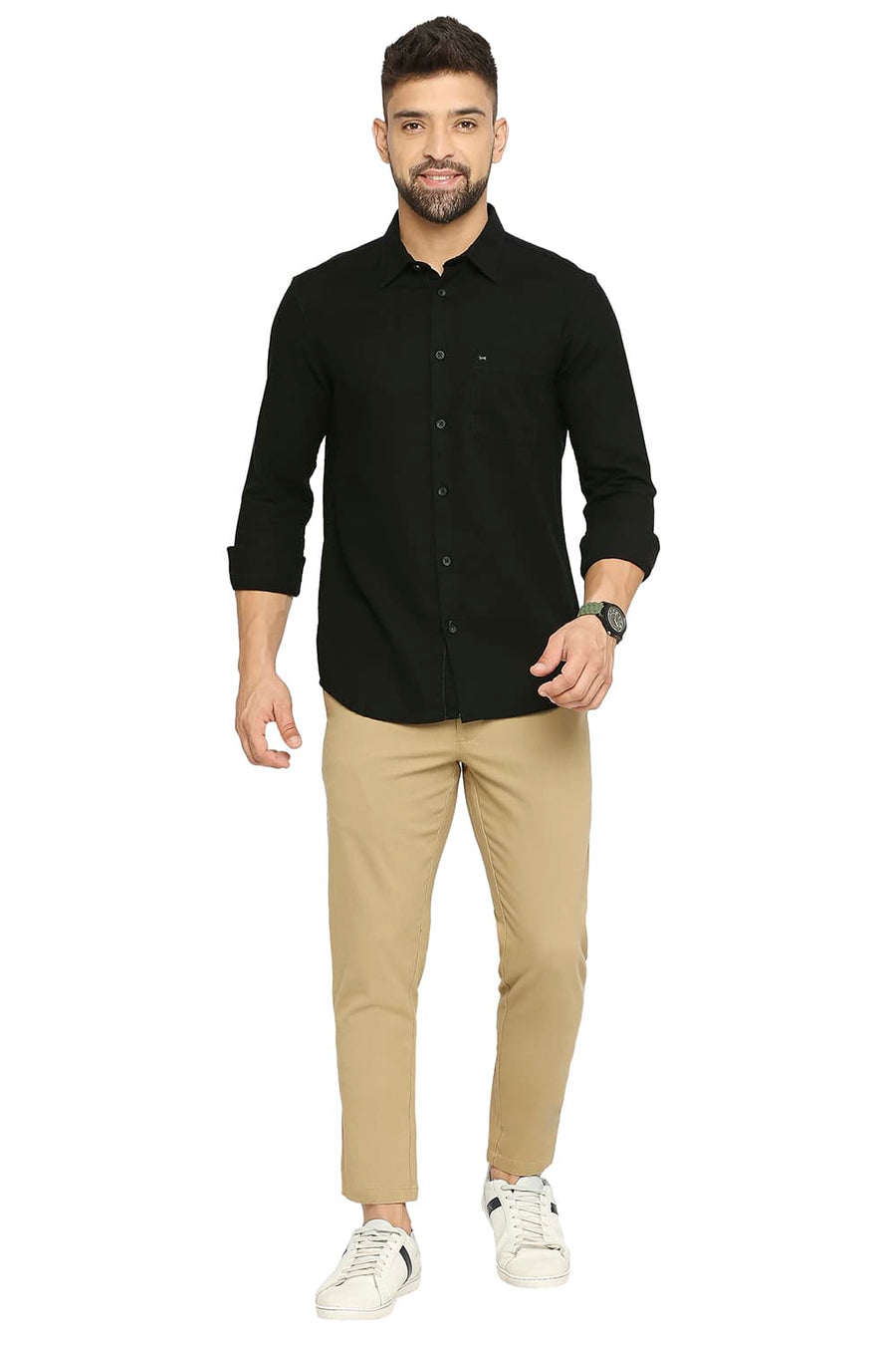 BASICS SLIM FIT JET BLACK COTTON DOBBY SHIRT