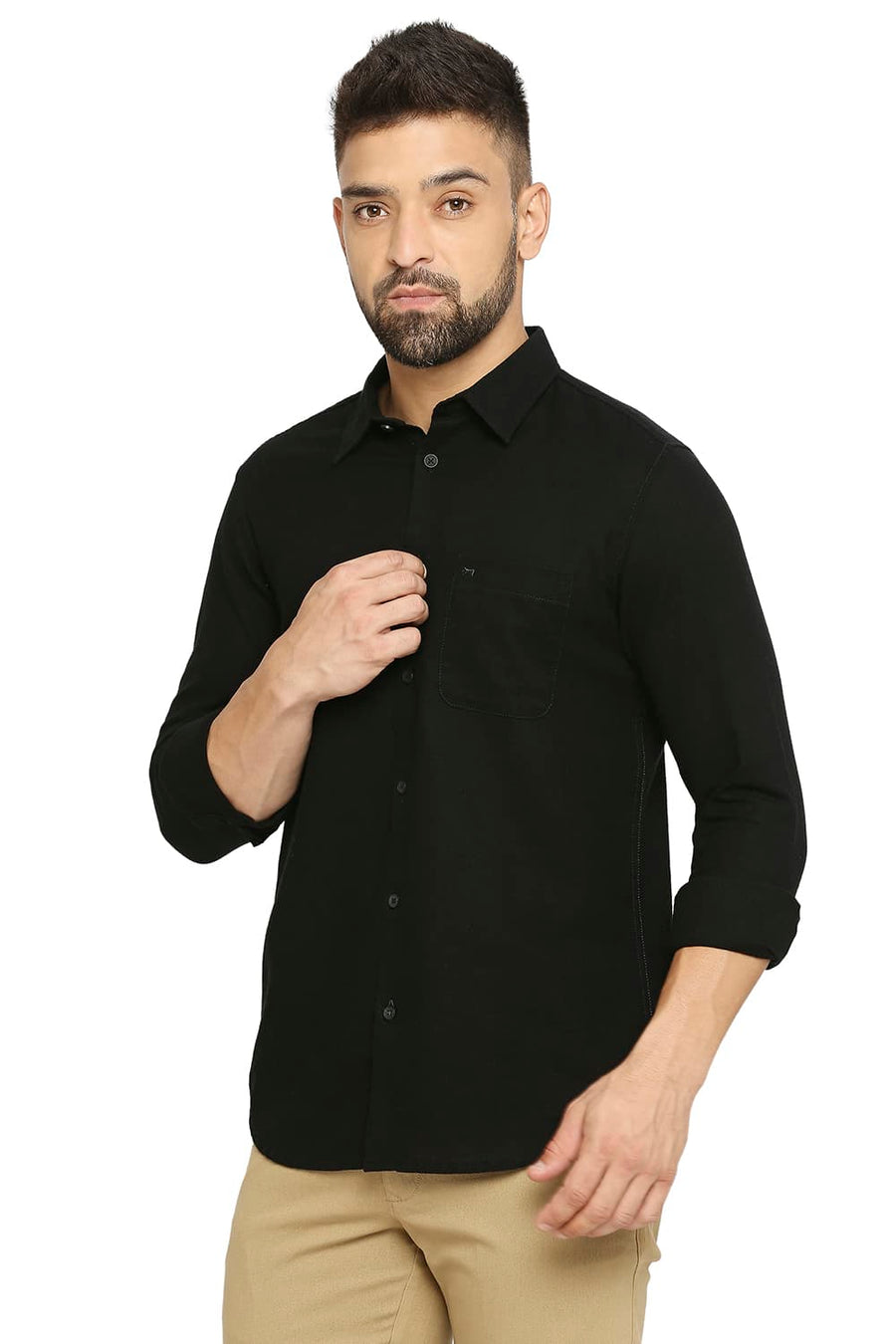 BASICS SLIM FIT JET BLACK COTTON DOBBY SHIRT