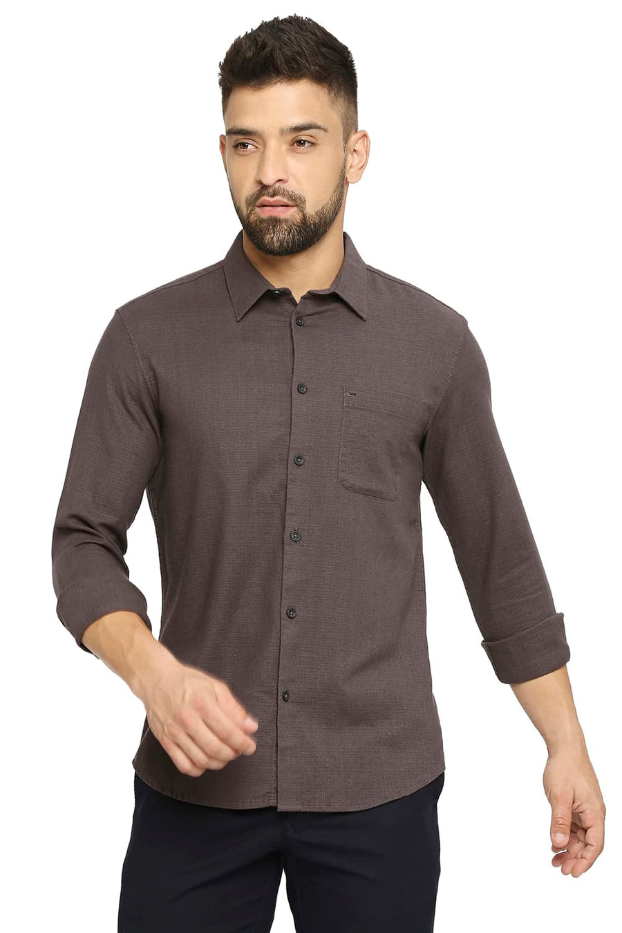 BASICS SLIM FIT PERISCOPE GREY COTTON DOBBY SHIRT