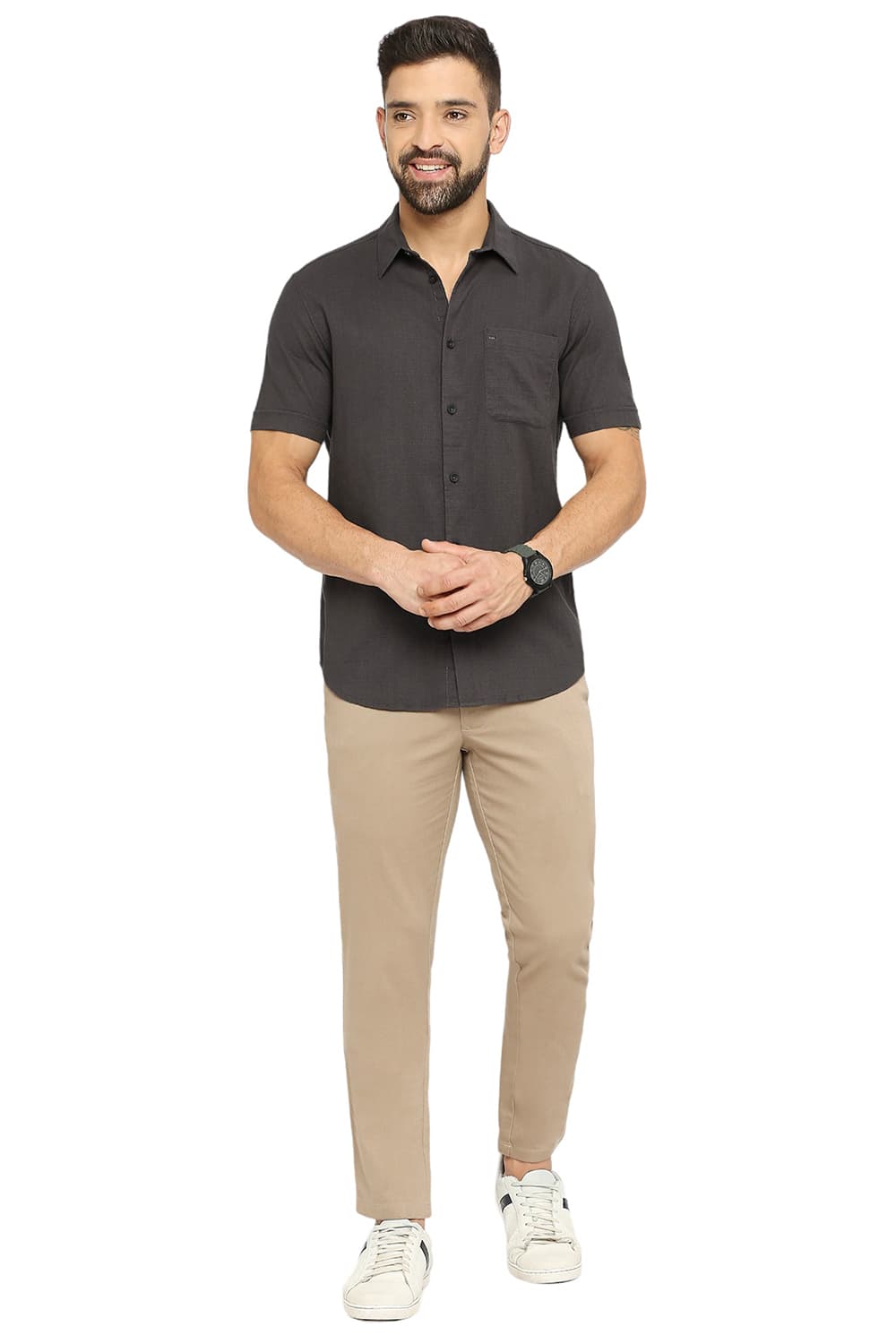 BASICS SLIM FIT COTTON DOBBY HALFSLEEVES SHIRT