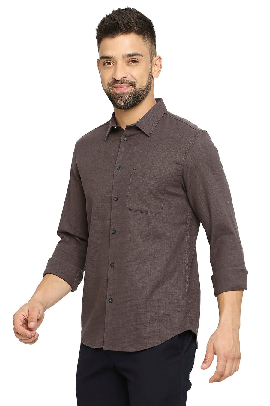 BASICS SLIM FIT PERISCOPE GREY COTTON DOBBY SHIRT