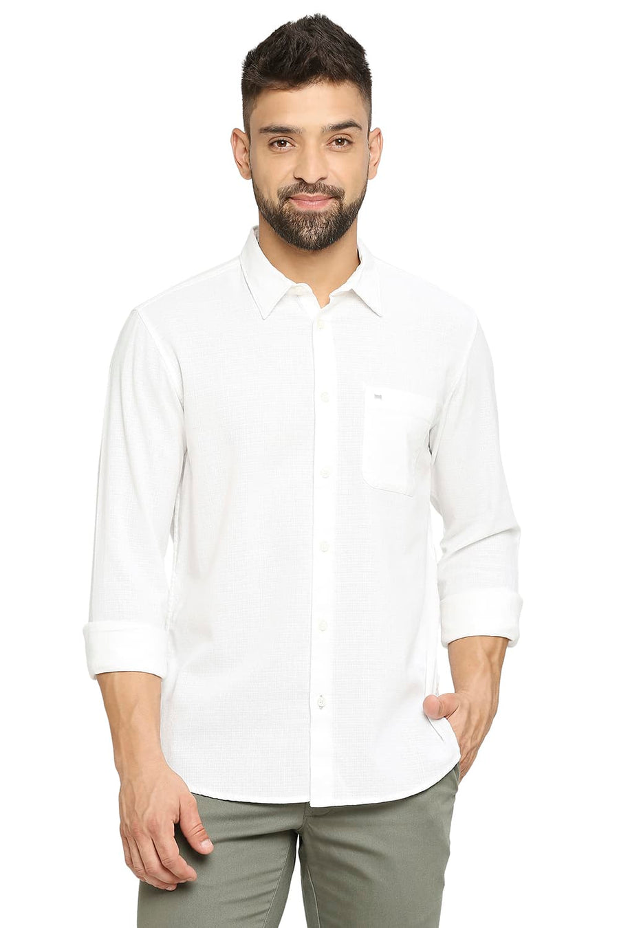 BASICS SLIM FIT BRIGHT WHITE COTTON DOBBY SHIRT