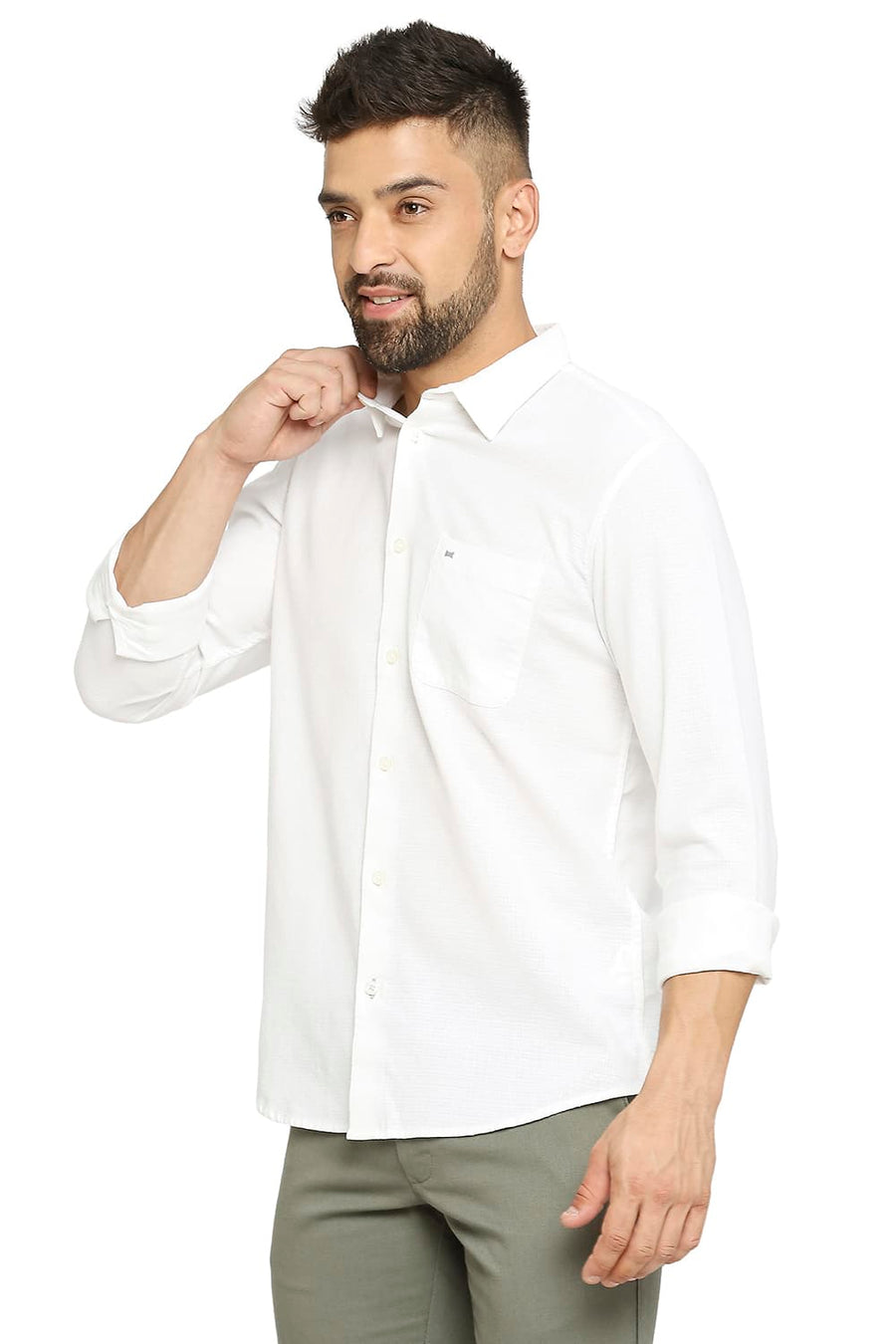 BASICS SLIM FIT BRIGHT WHITE COTTON DOBBY SHIRT