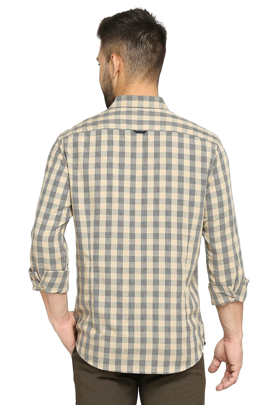 BASICS SLIM FIT WARM BEIGE POLYESTER VISCOSE TWILL CHECKS SHIRT