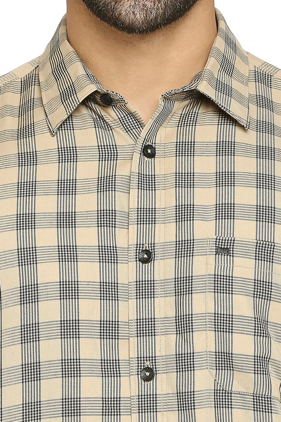 BASICS SLIM FIT WARM BEIGE POLYESTER VISCOSE TWILL CHECKS SHIRT
