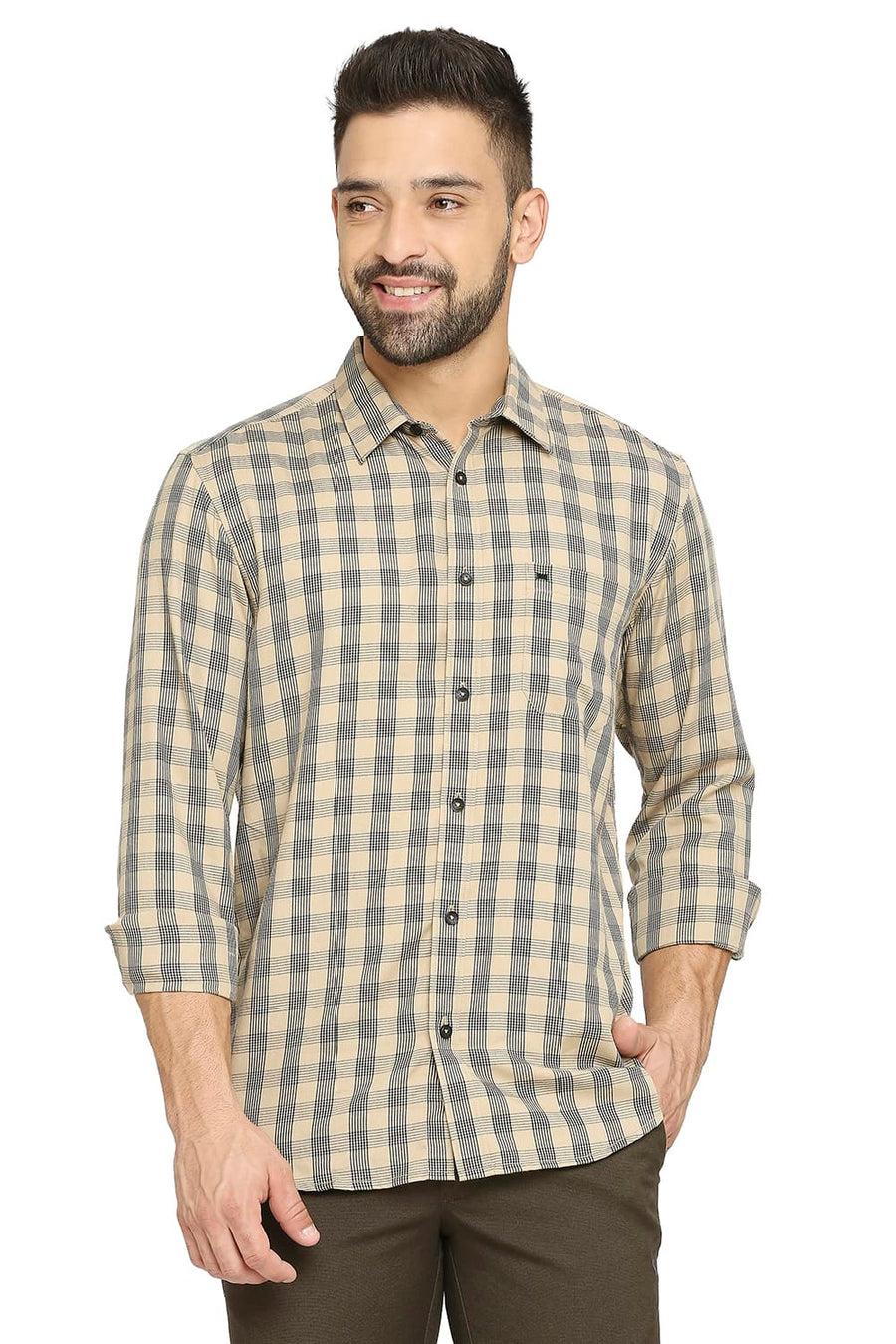 BASICS SLIM FIT WARM BEIGE POLYESTER VISCOSE TWILL CHECKS SHIRT