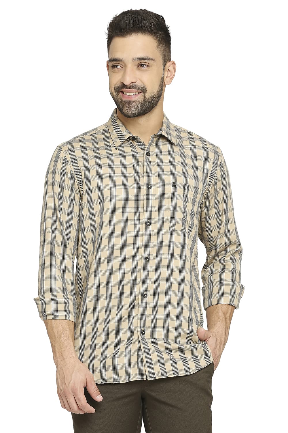 BASICS SLIM FIT POLYESTER VISCOSE TWILL CHECKS SHIRT