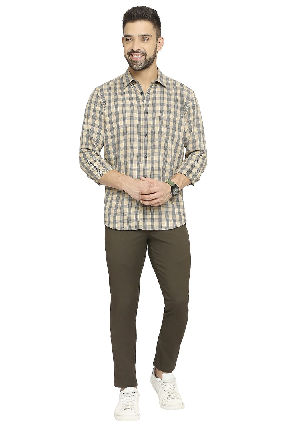 BASICS SLIM FIT POLYESTER VISCOSE TWILL CHECKS SHIRT