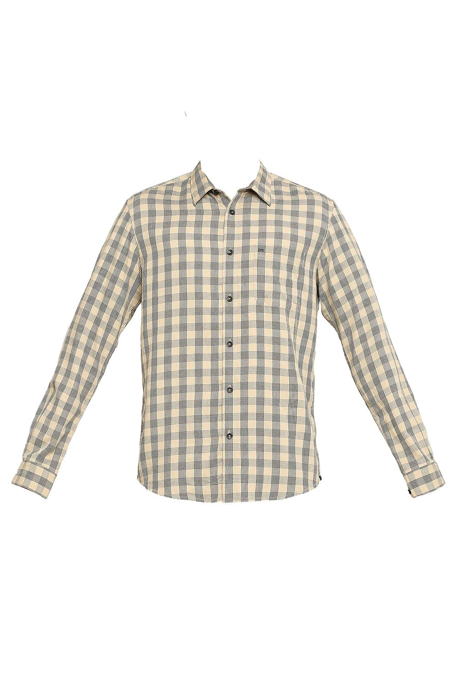 BASICS SLIM FIT WARM BEIGE POLYESTER VISCOSE TWILL CHECKS SHIRT