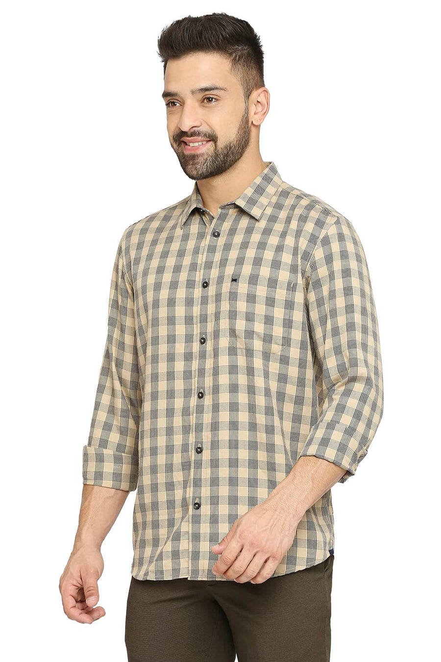 BASICS SLIM FIT WARM BEIGE POLYESTER VISCOSE TWILL CHECKS SHIRT