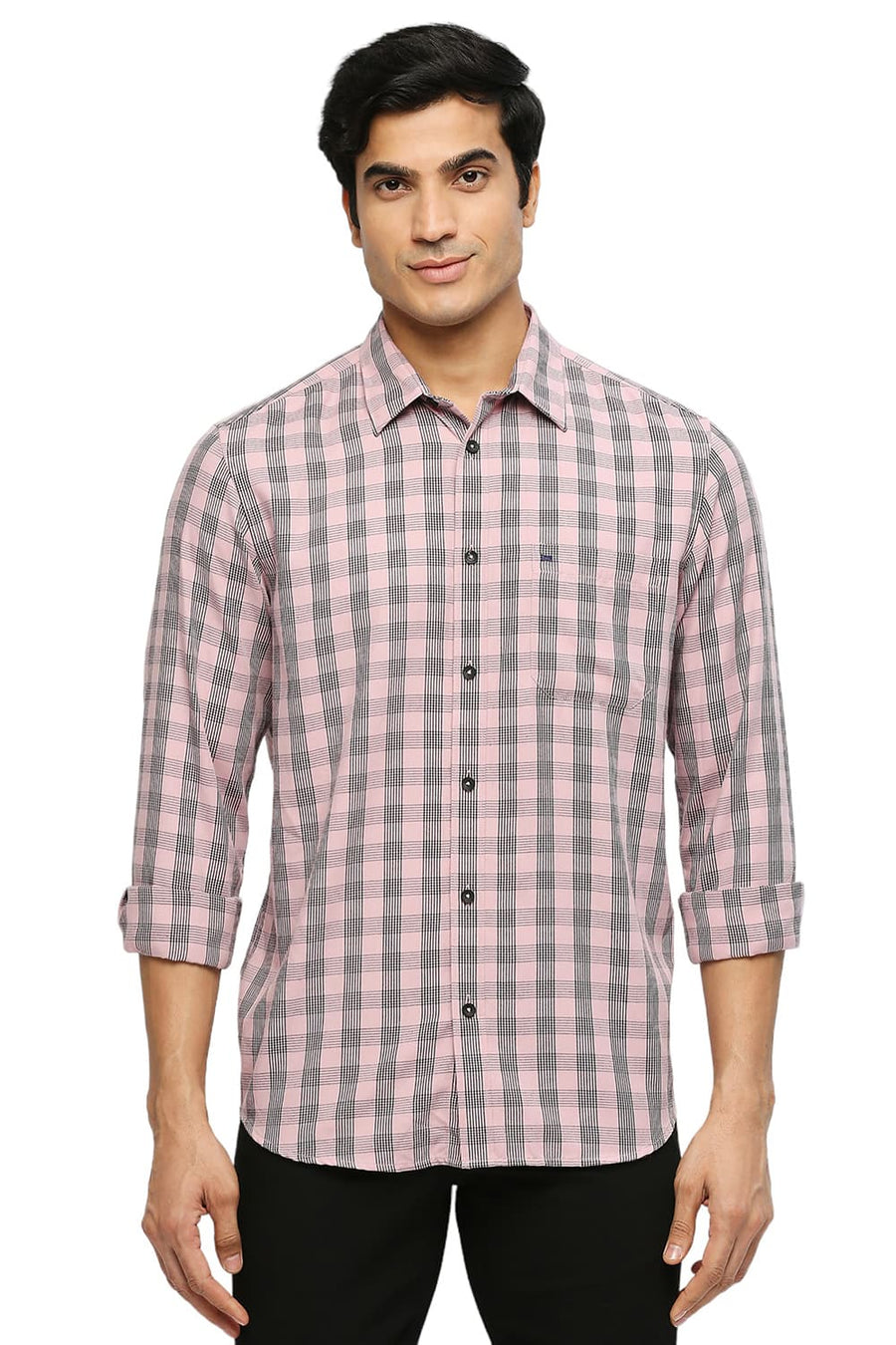 BASICS SLIM FIT FOXGLOVE PINK POLYESTER VISCOSE TWILL CHECKS SHIRT