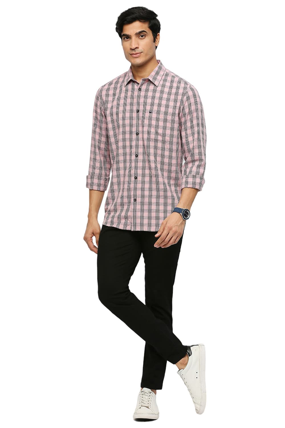 BASICS SLIM FIT POLYESTER VISCOSE TWILL CHECKS SHIRT