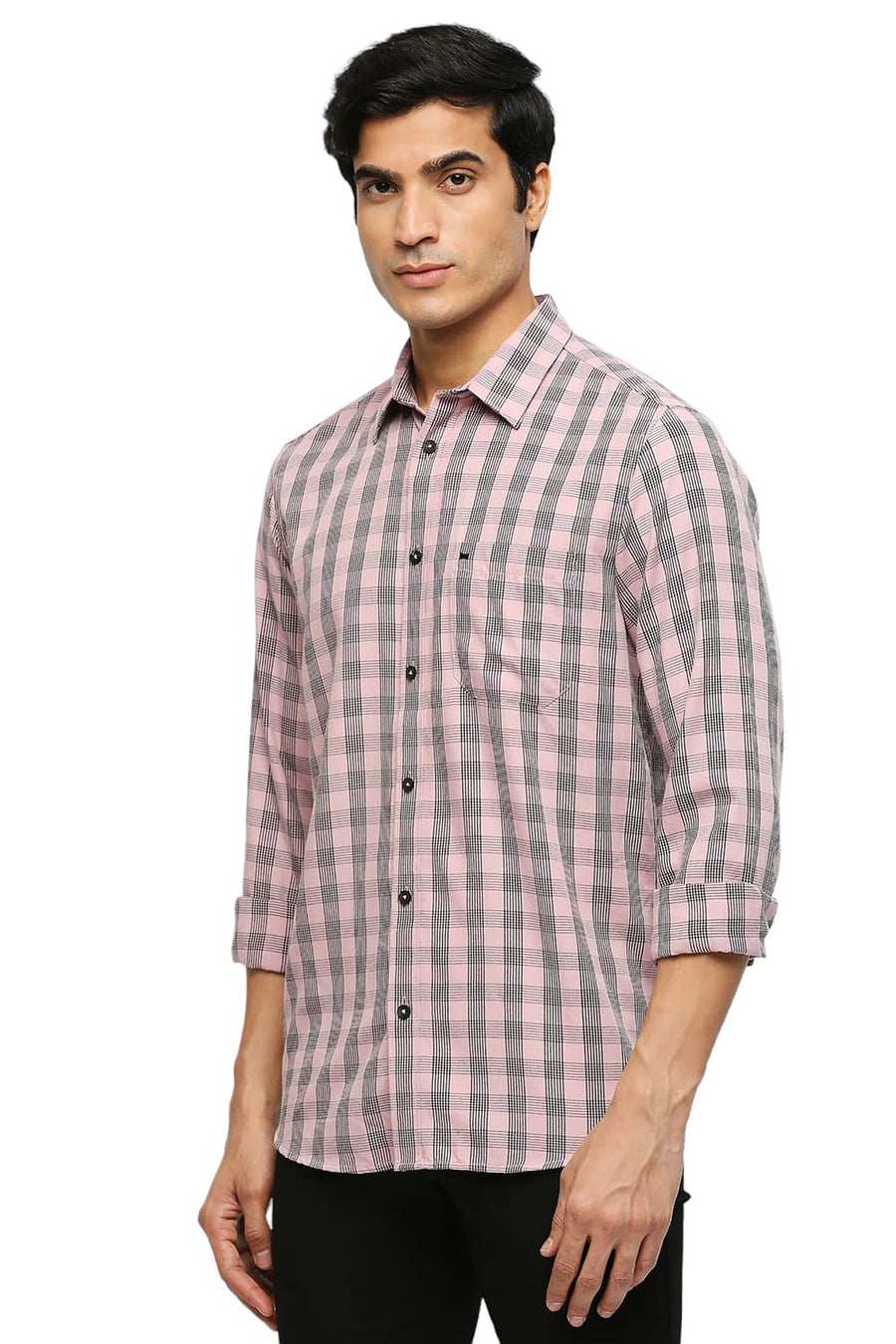BASICS SLIM FIT FOXGLOVE PINK POLYESTER VISCOSE TWILL CHECKS SHIRT